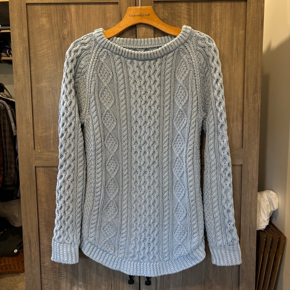 LL Bean Signature XS Cable Knit Fisherman Sweater Chunky Blue Side Zip